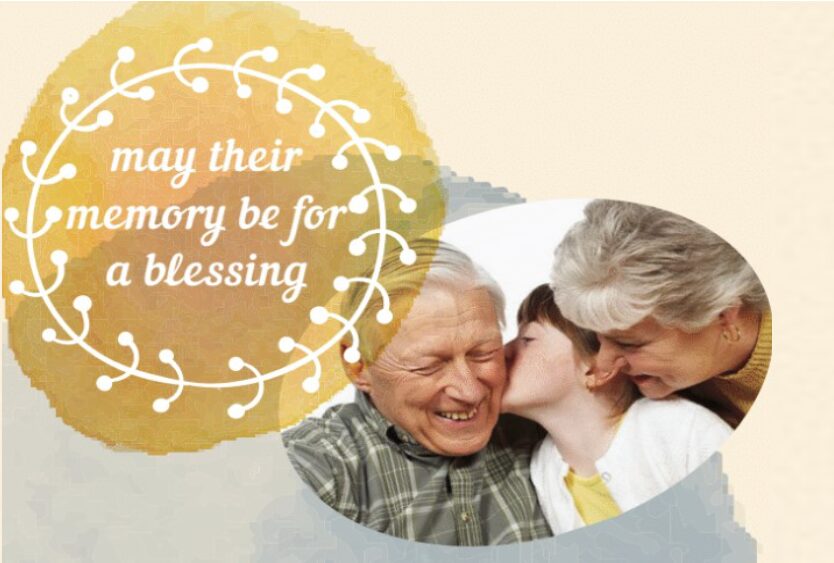 A young child and elderly couple show affection next to the words "May their memory be for a blessing"