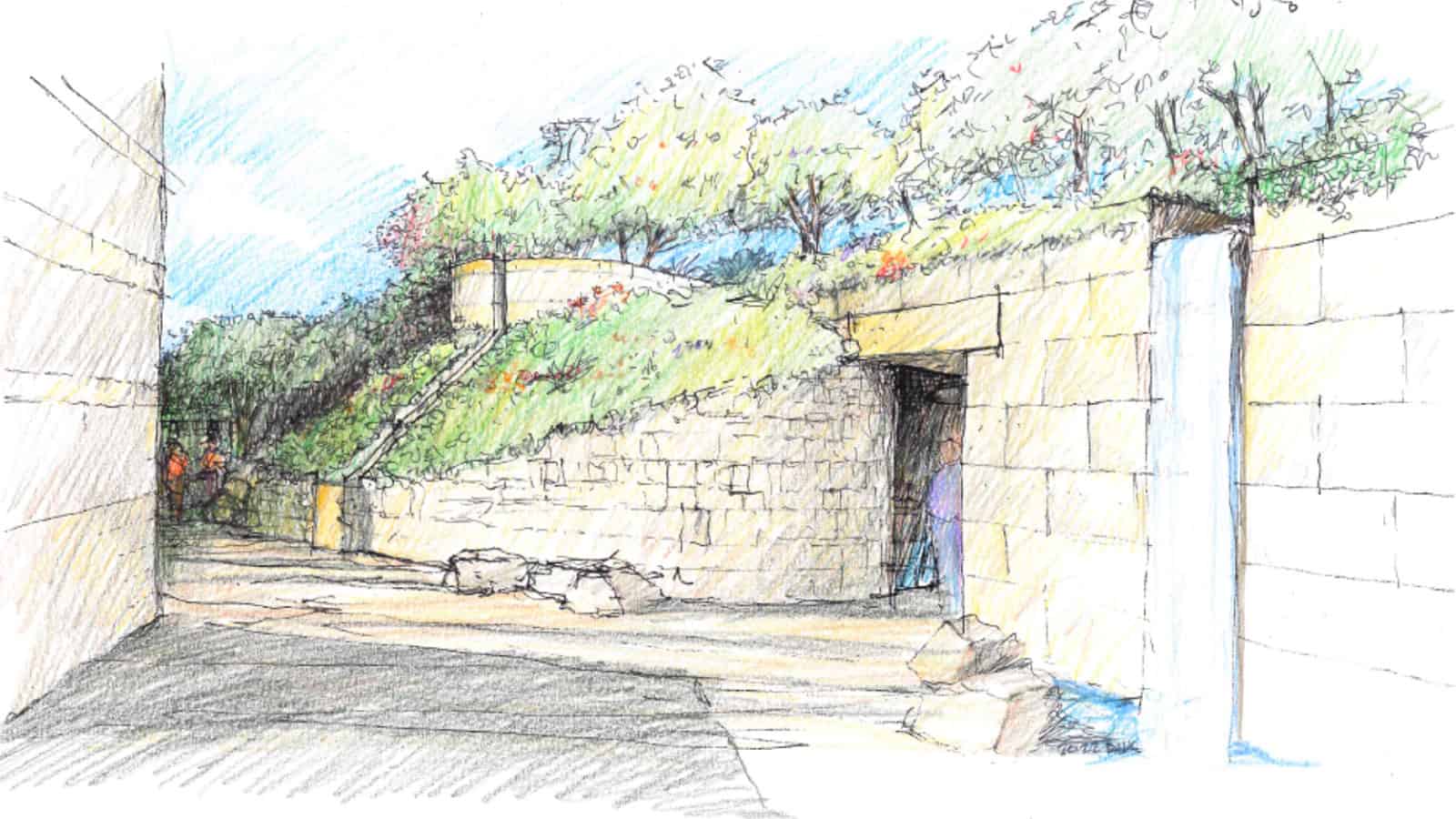 Sketch of a courtyard with a waterfall and an entrance to a mikvah