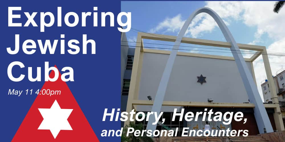 An image of a Cuban synagogue with graphics inspired by the Cuban Flag and Jewish iconography.